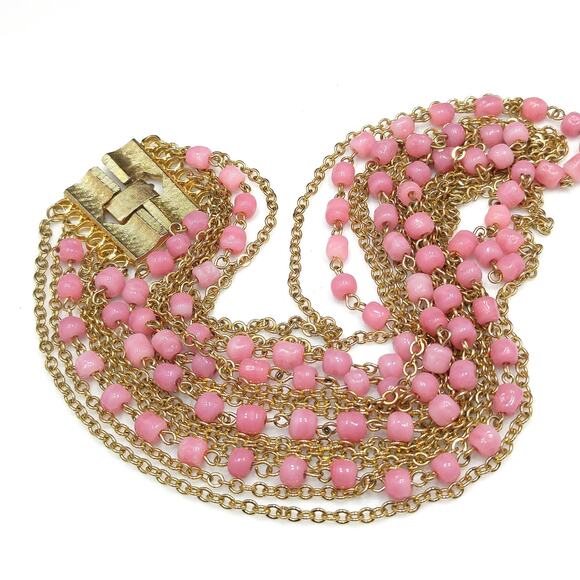 Vintage Pink Glass Multi Strand Necklace, Wide Gold Plated Clasp, 1950s - Picture 7 of 10